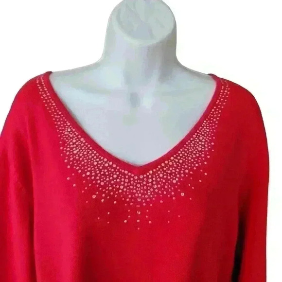 Quacker Factory /Red Jeweled Beaded Rhinestone V Neck Knit Top/ Women's Plus 1X - Picture 2 of 6